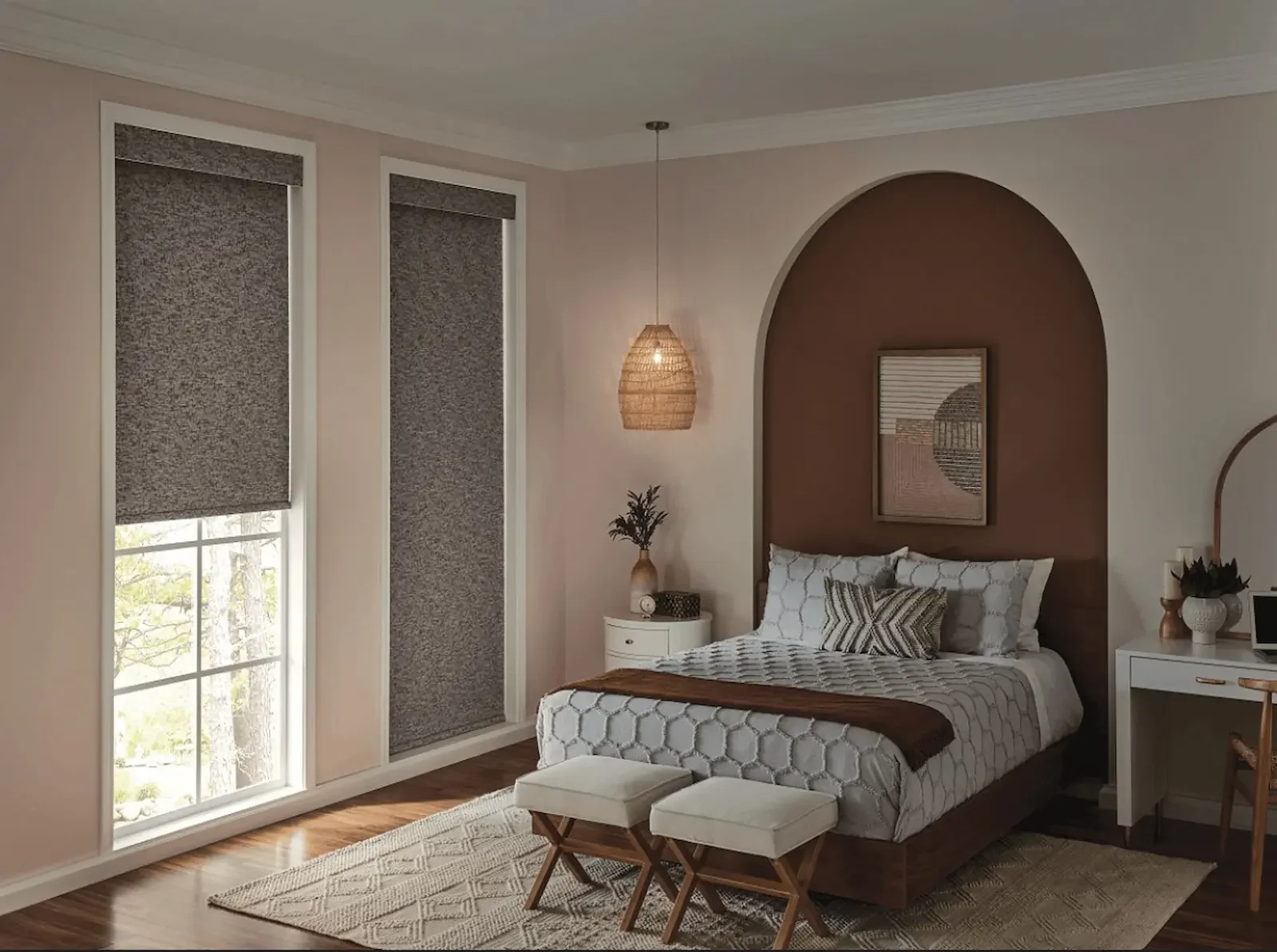 Motorized roller shades in a master bedroom in a new construction home