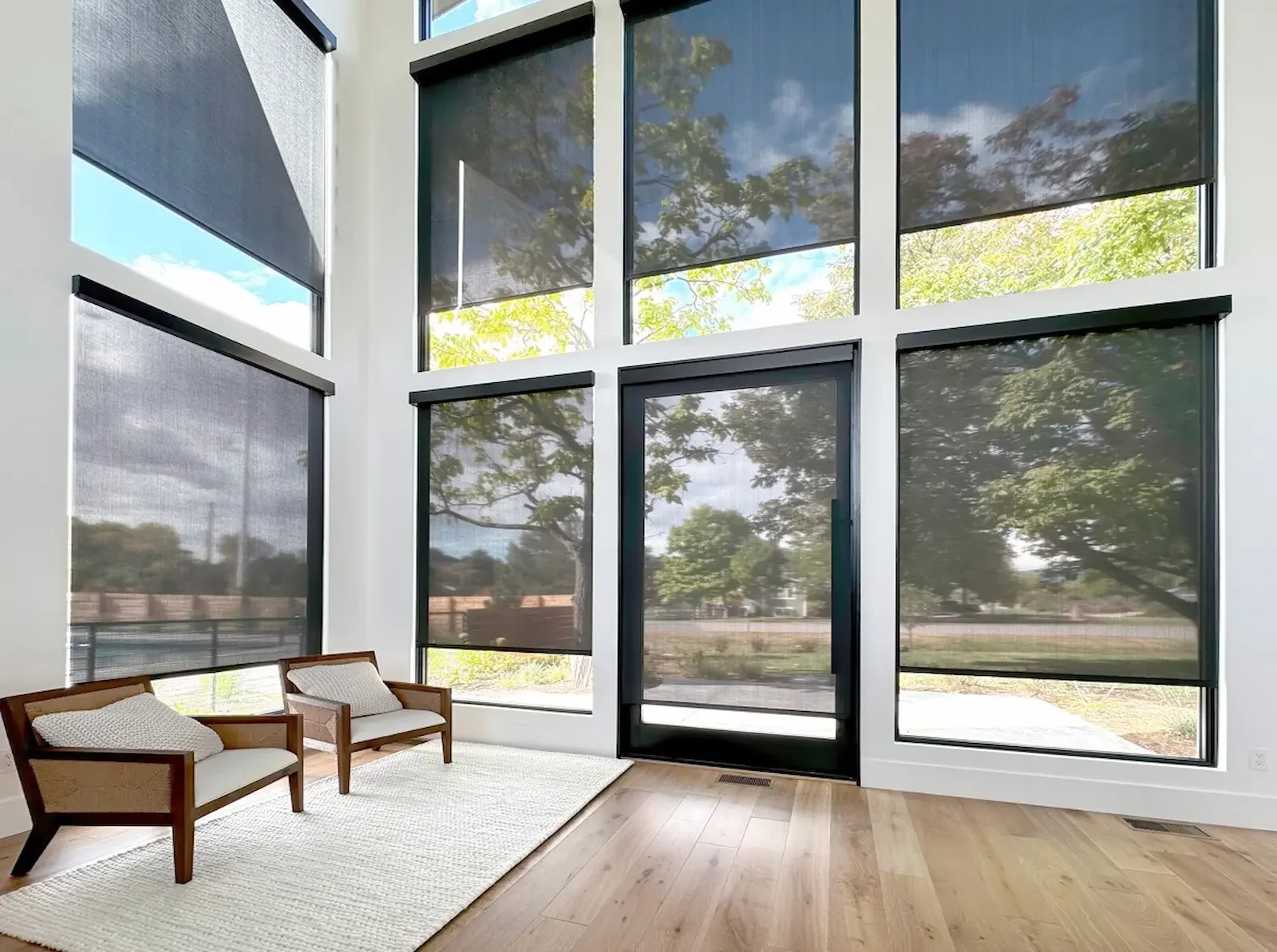 Motorized solar shades integrated with home automation in a new build