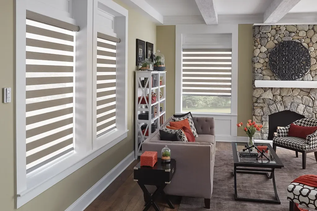 Motorized layered shades in a Hendersonville living room