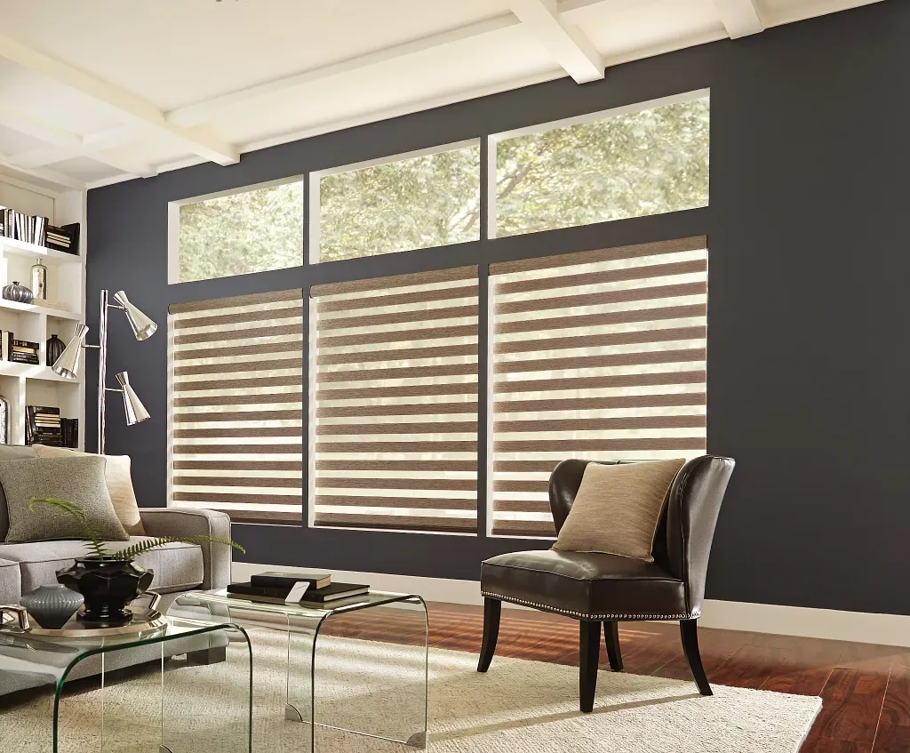 Layered shades partially open to preserve outdoor views