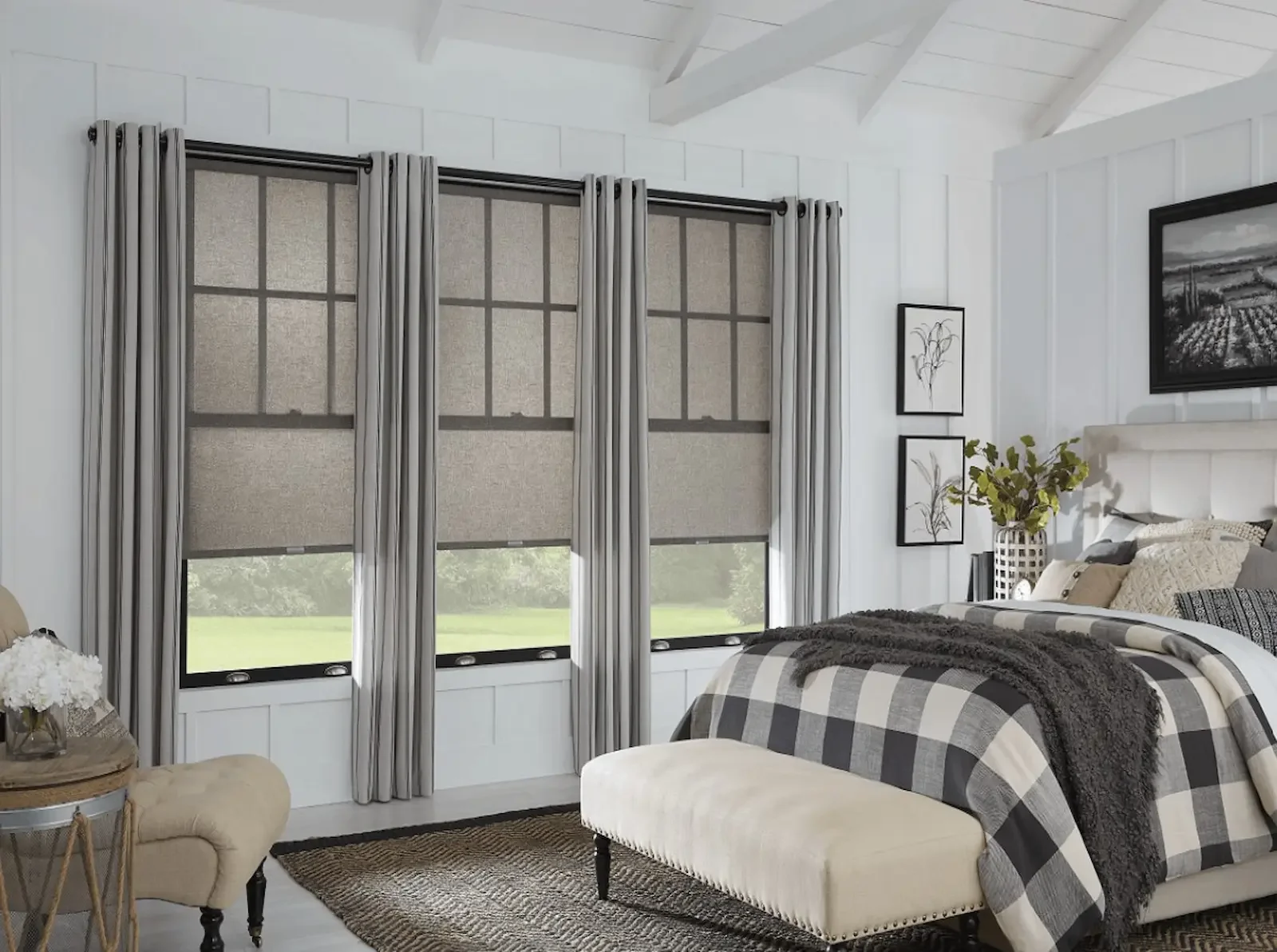 Custom light-filtering roller shades installed in a modern Nashville bedroom with large windows