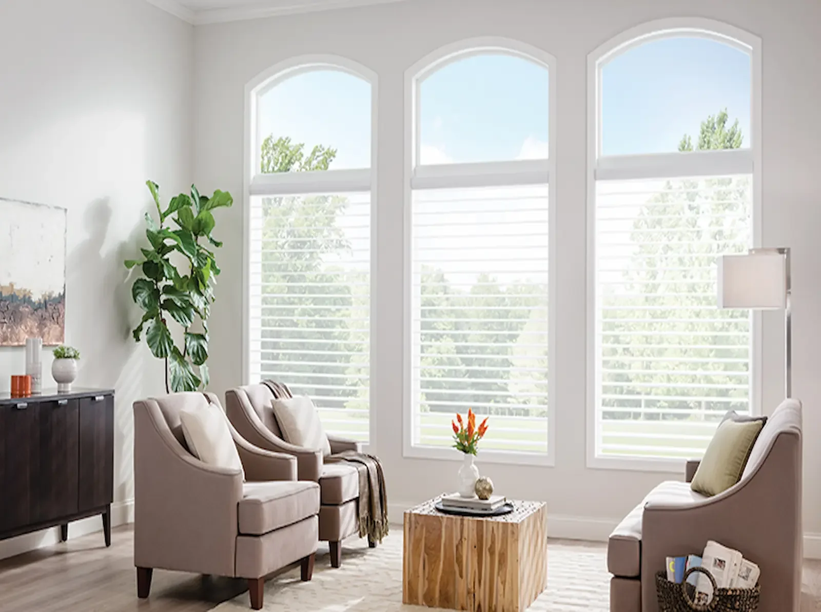 Graber sheer shades tilted open to reveal a landscaped backyard view