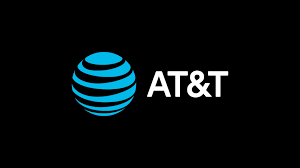 AT&T logo with a blue globe and white text on a black background.