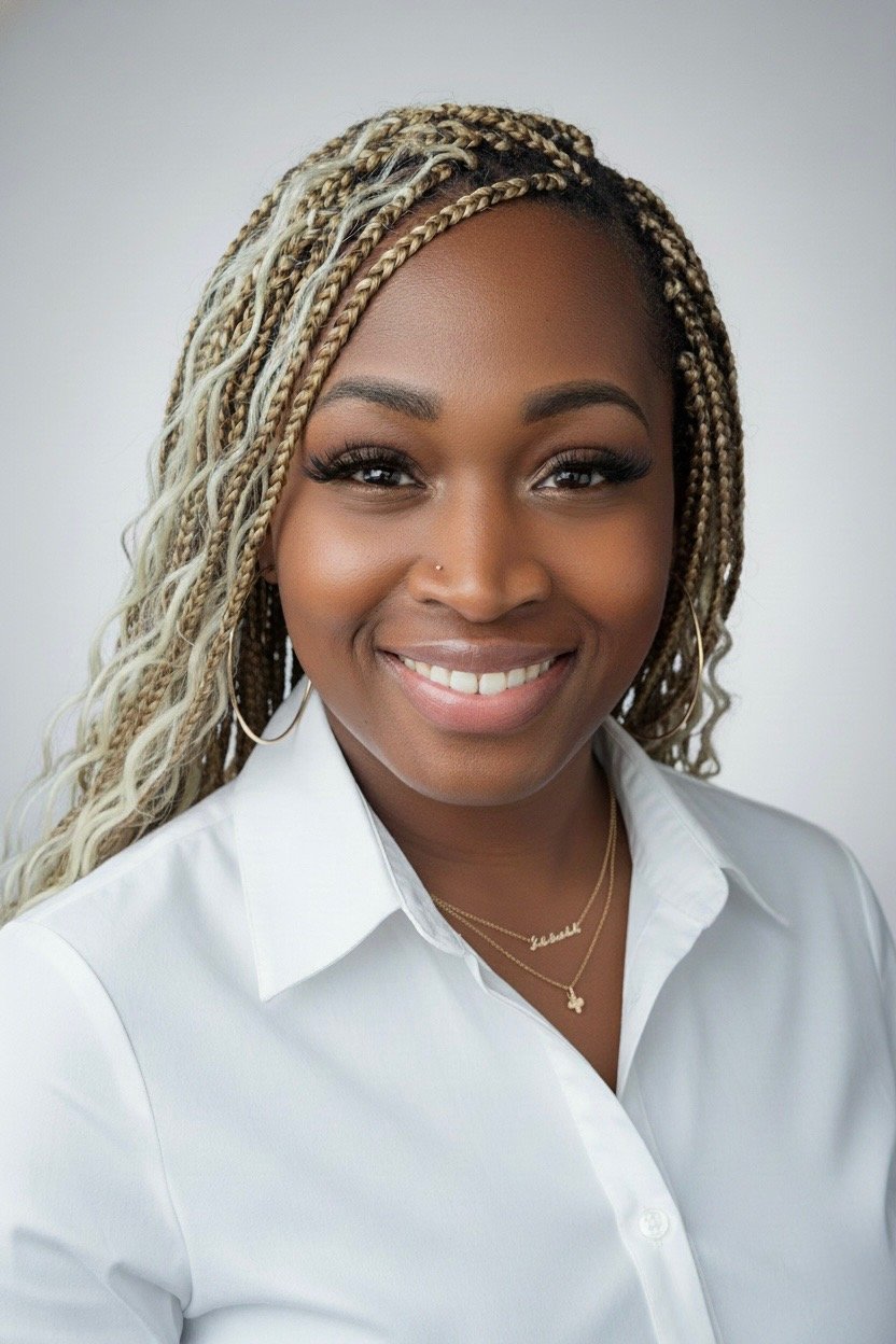 A woman with blonde and brown braids smiling, wearing a white collared shirt and gold jewelry, against a plain background.
