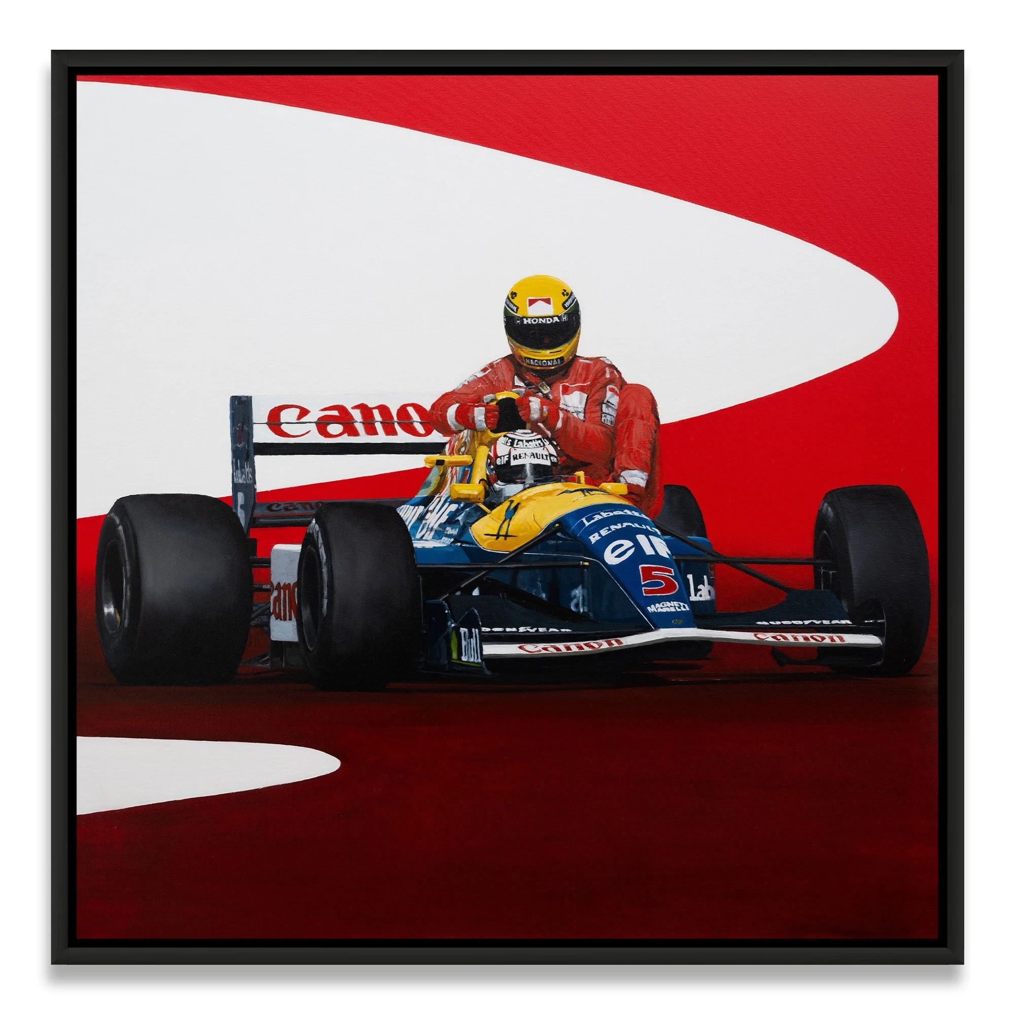 Formula 1 race car with driver in red racing suit and yellow helmet on a red and white track, sponsored by Canon and Renault.