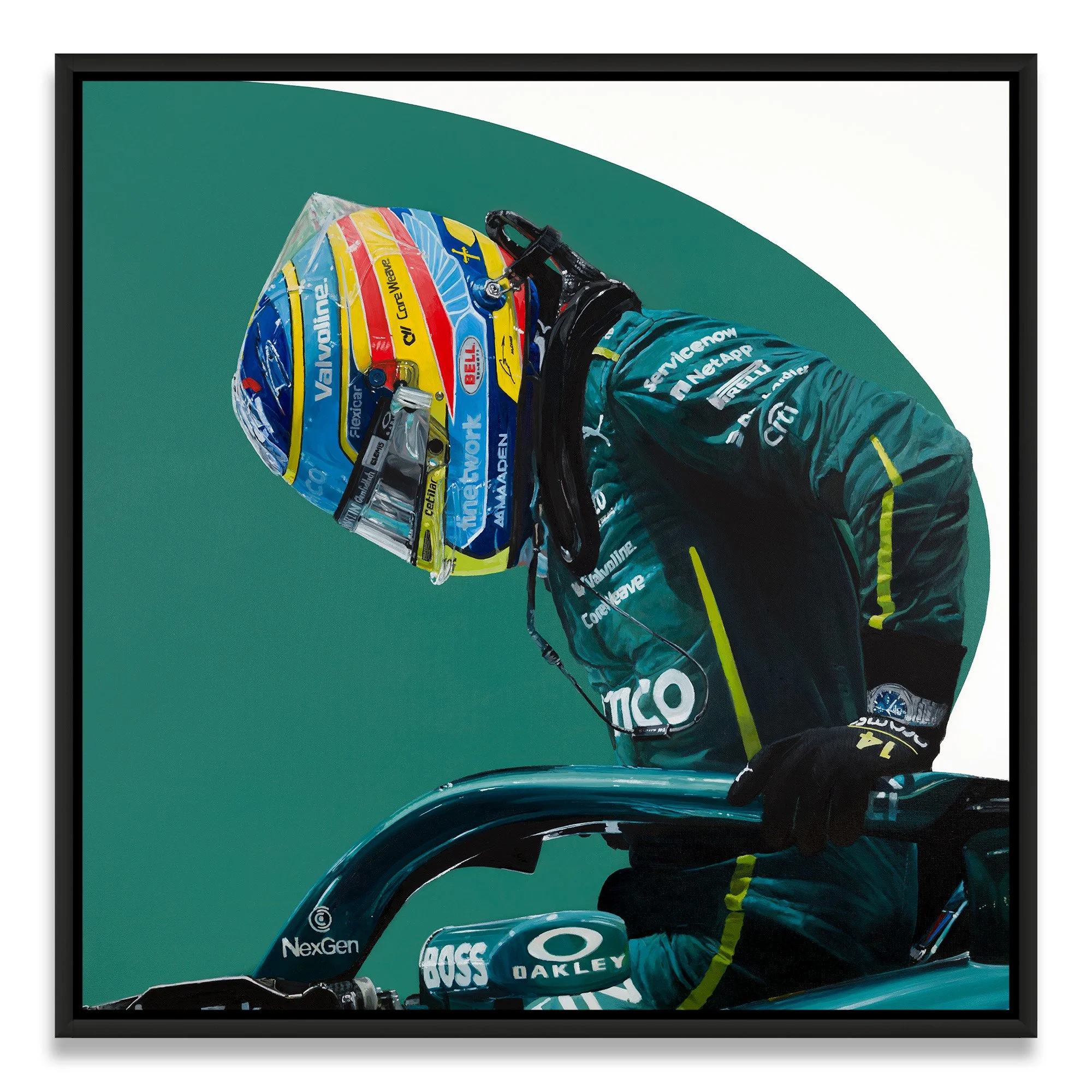 Close-up of race car driver Fernando Alonso in a green Aston Martin racing suit and a colorful helmet, sitting on a racing vehicle against a green background.