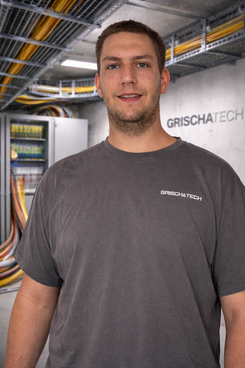 Ein Mann trägt ein graues T-Shirt mit dem Logo 'GRISCHATECH'. Im Hintergrund sind Kabel und ein Elektronik-Schrank in einem technischen Raum.