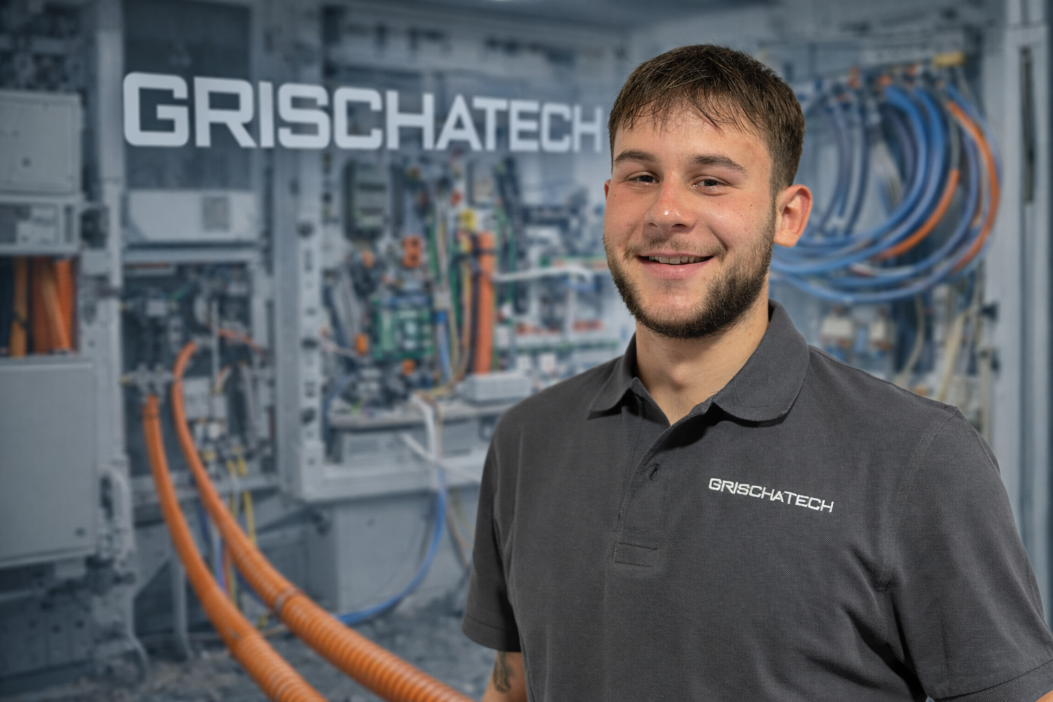 Junger Mann trägt graues Polo mit Grischatech-Logo, steht vor Werkstatt mit elektrischen Kabeln und Geräten im Hintergrund.