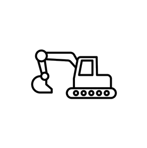 Skizze eines Baggers (Baumaschine mit Ausleger und Schaufel)