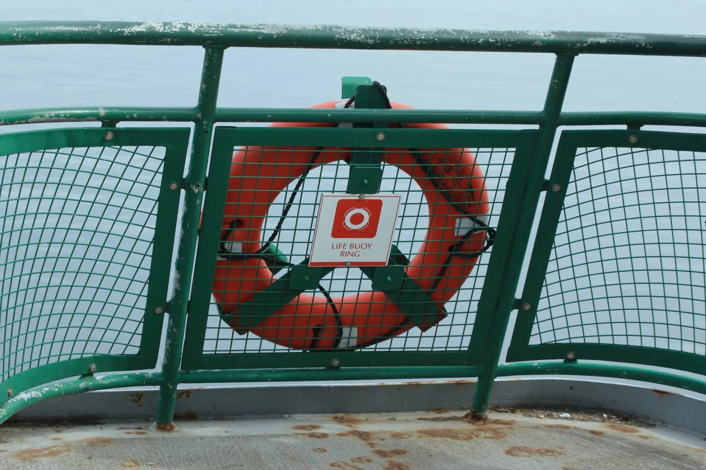 A lifebuoy ring hanging on a green metal railing of a boat, with a sign labeled 'Life Buoy Ring' in the center.