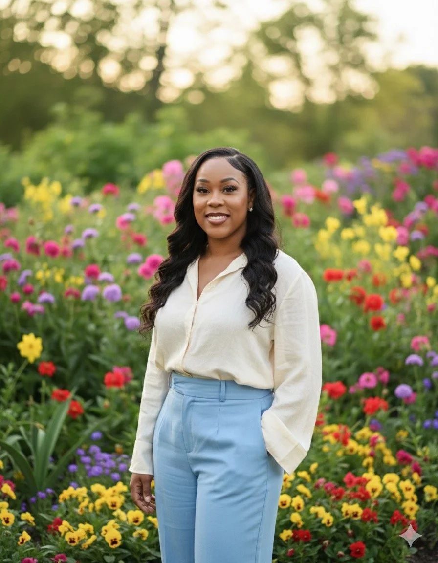 A woman standing in a colorful flower garden during sunset, wearing a cream blouse and light blue pants.
