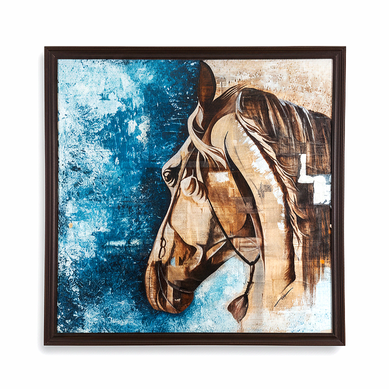 Framed painting of a horse's head with a blue background on the left side and a textured, earthy background on the right side.