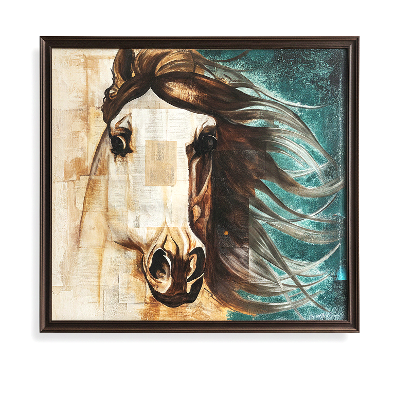 Painting of a horse's face with flowing mane, in a black frame.