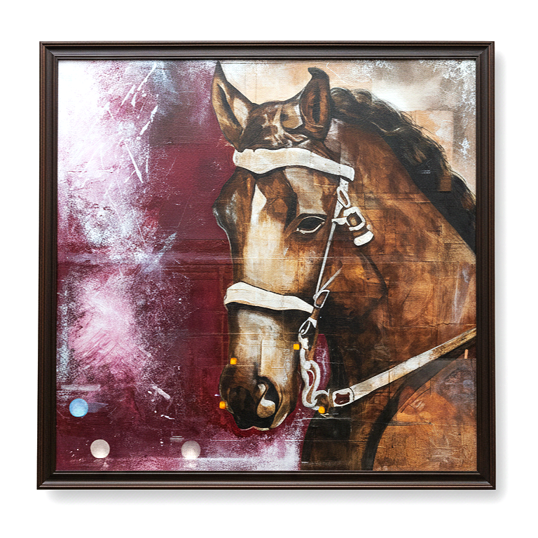 Painting of a brown horse with a white stripe on its face, wearing a bridle, against a red and pink abstract background, framed in black.