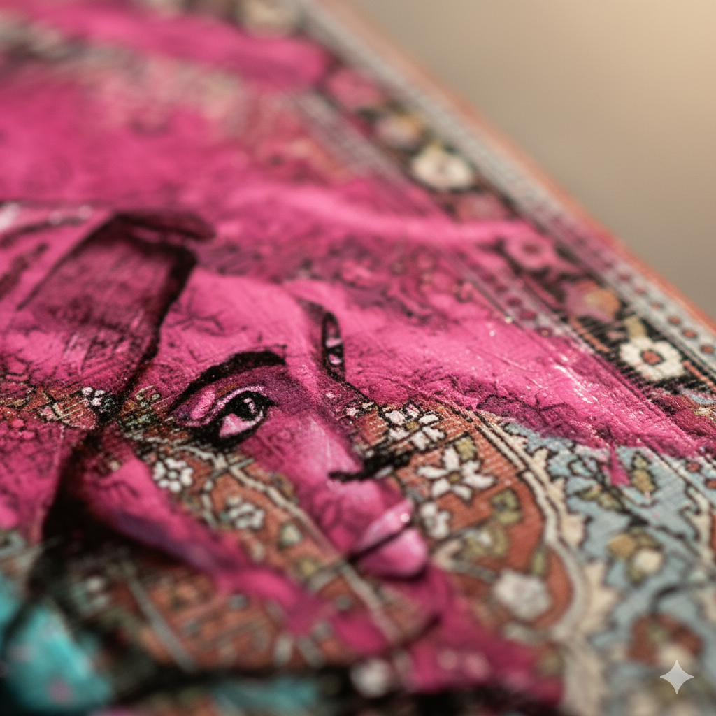 Close-up of a colorful, detailed fabric with a portrait of a woman's face, primarily in pink, with intricate floral and geometric patterns.