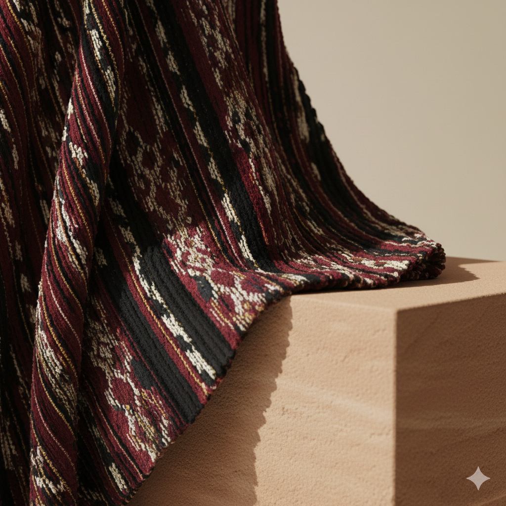 Close-up of a patterned fabric draped over a beige textured block.