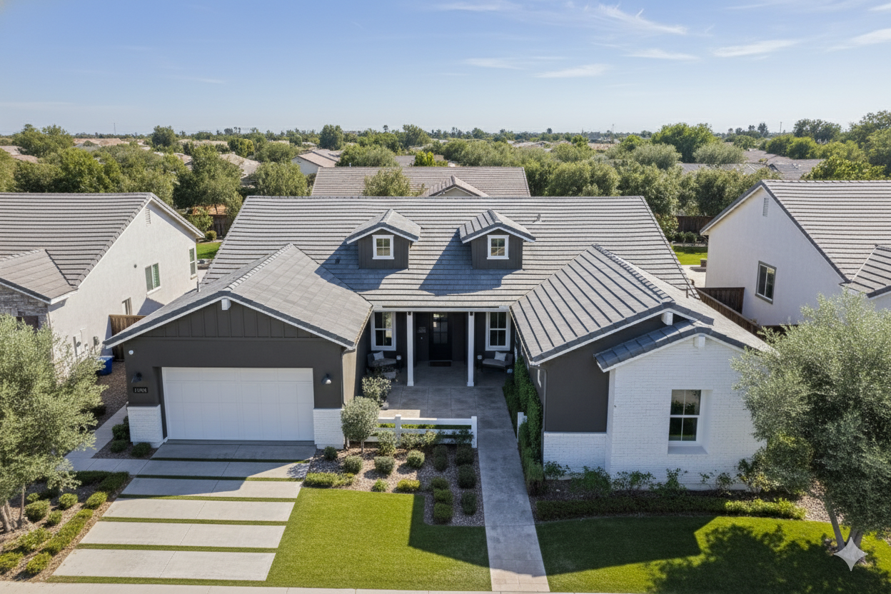 Aerial view of a modern house with gray roof and white and dark gray walls, landscaped front yard, and neighboring houses in a suburban neighborhood under blue sky.