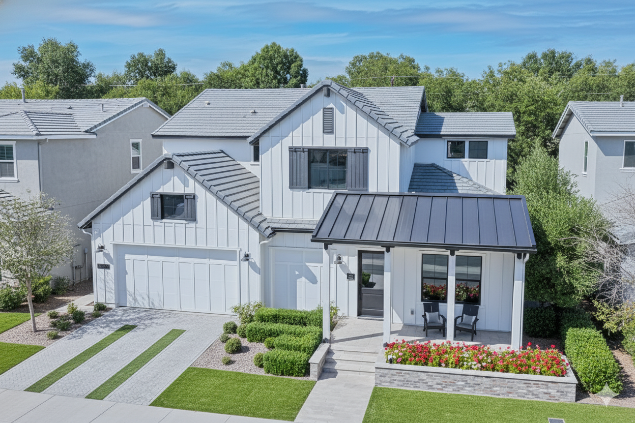 Modern white house with a gray roof, front porch with two chairs, well-maintained lawn, and landscaped garden with pink flowers, surrounded by other houses and green trees under a blue sky.