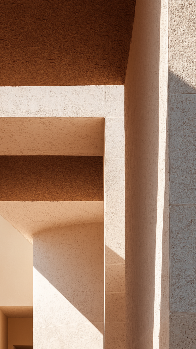 Close-up of modern building with textured beige and terracotta-colored walls and architectural shadows.