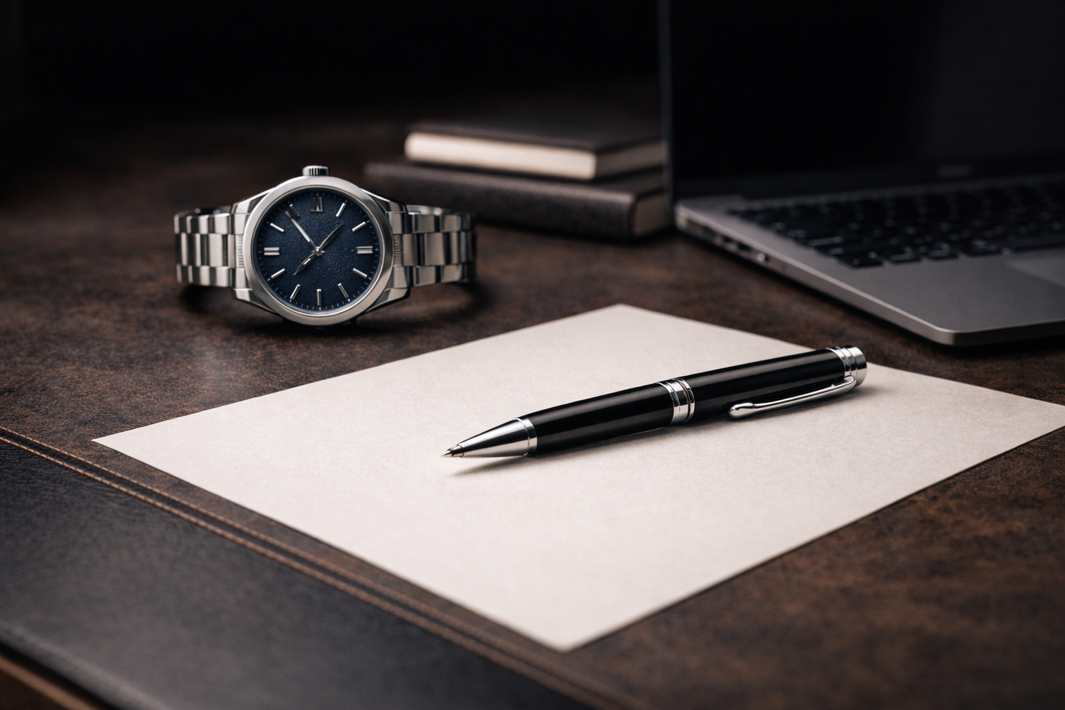 montre bleue, stylo et laptop sur fond cuir marron