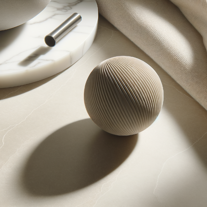 Une boule en céramique beige avec des rayures, une surface en marbre blanc, et un cylindre métallique sur la table en pierre claire, avec un tissu beige en arrière-plan.