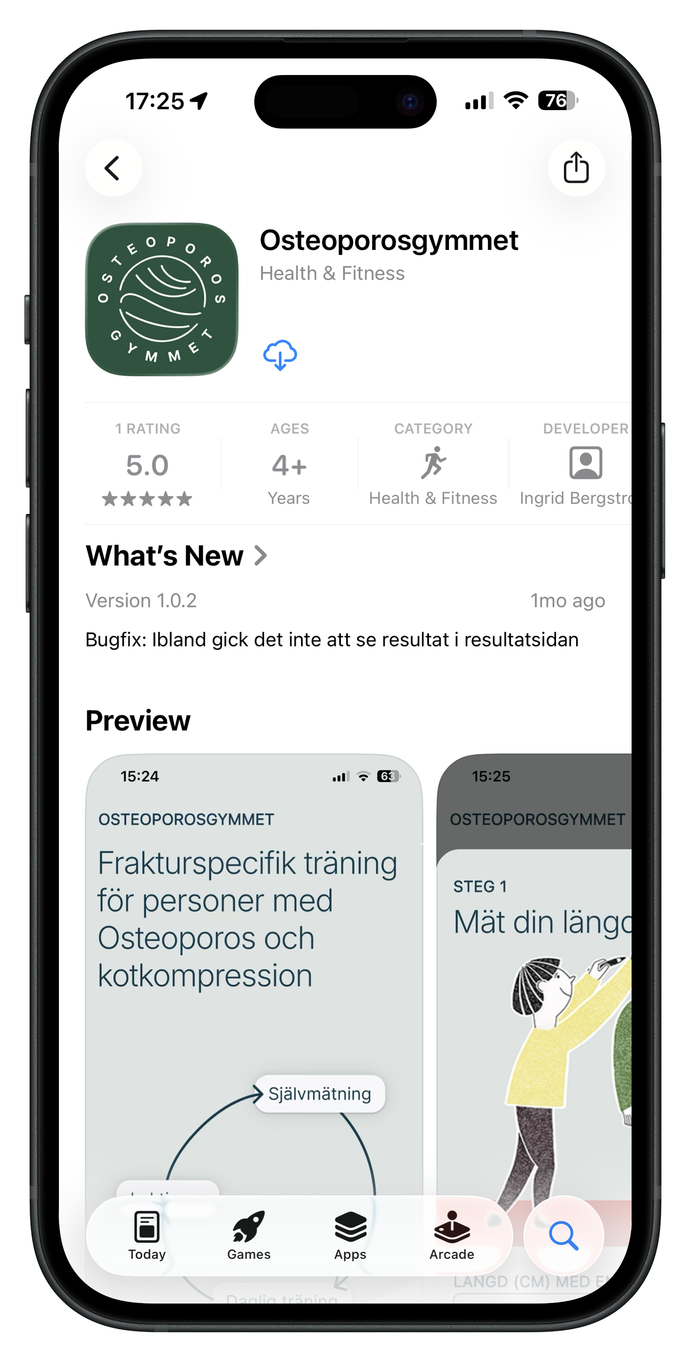Skärmbild av en mobiltelefon som visar appen 'Osteoporgymmet' i App Store. Ikonen är grön med en stiliserad pilatesboll och texten 'Osteoporgymmet'. Det finns ett betyg på 5,0 stjärnor. Kategorin är Hälsa & Fitness. Utvecklare är Ingrid Bergström