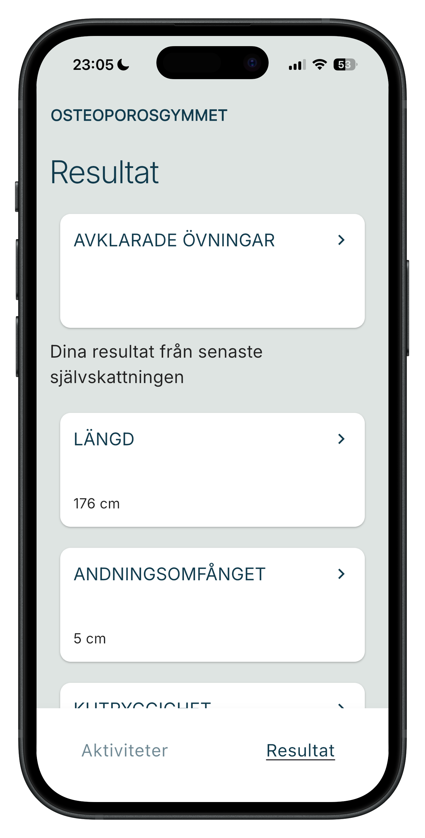 Skärm som visar resultat från ett självskattningsformulär för osteoporos, inklusive längd 176 cm och andningsomfång 5 cm.