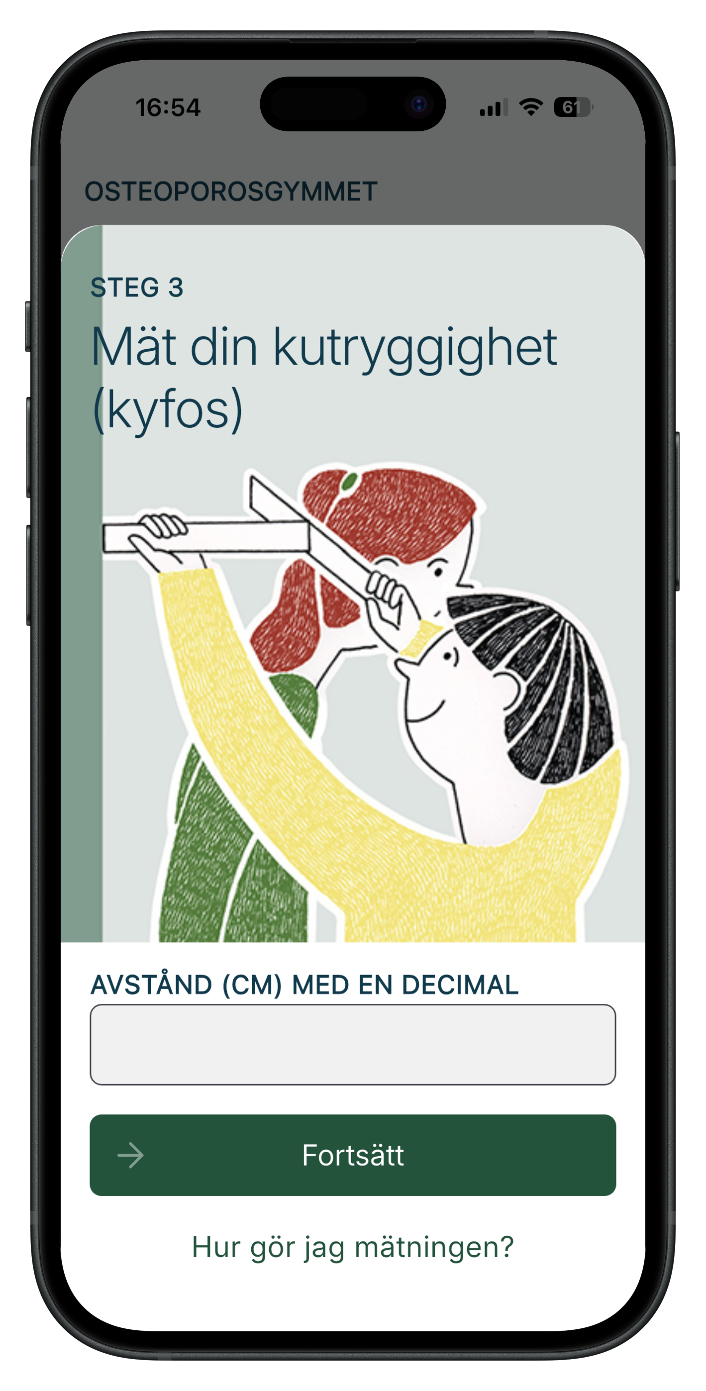 Skärm från en mobiltelefon som visar en instruktion för att mäta kyfos, med illustration av en person som använder ett måttband för att mäta en annan persons kyfos.