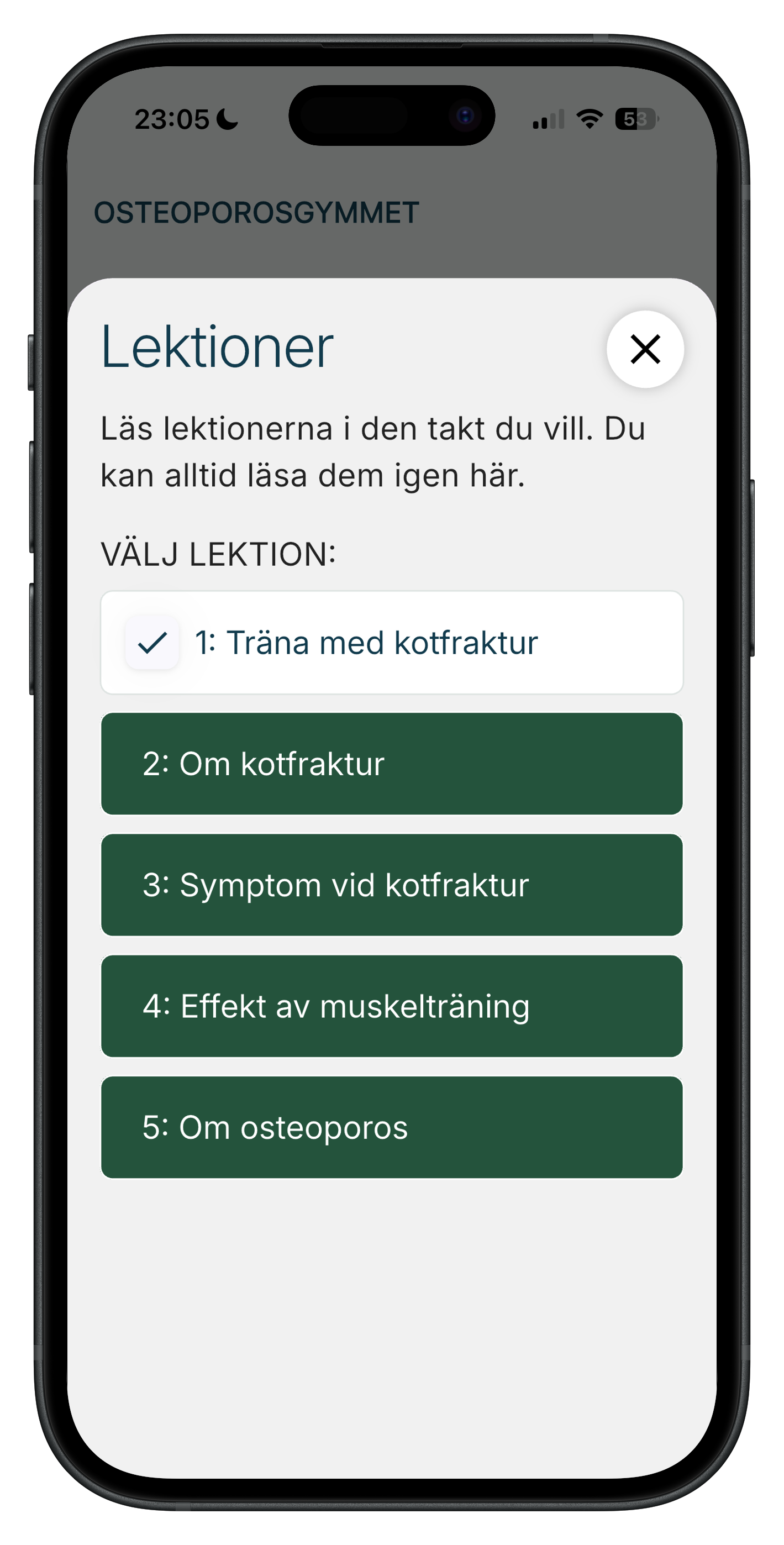 Skärm på mobil visar en lista med olika lektioner i en app om osteoporos, med fem alternativ och instruktioner för att läsa i egen takt.