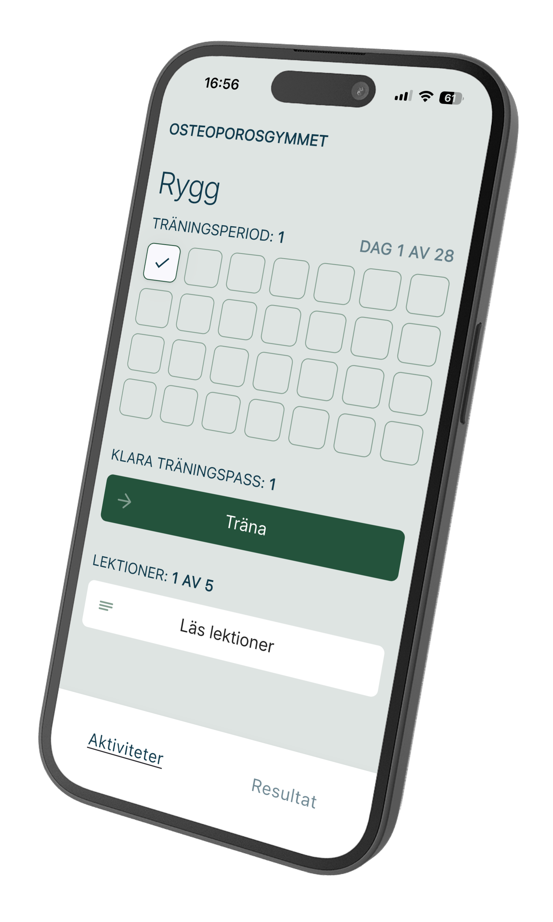 Mobilskärm som visar app för Osteporossgymmet med funktioner för träning av rygg, träningspass, lektionslista och aktivitetsflik.