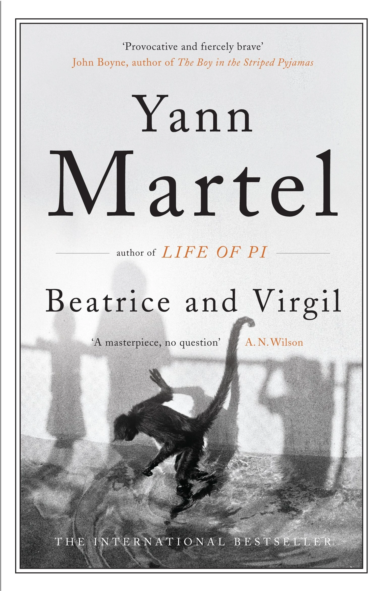 Cover of Beatrice and Virgil by Yann Martel, a novel exploring memory and the Holocaust, black and white design