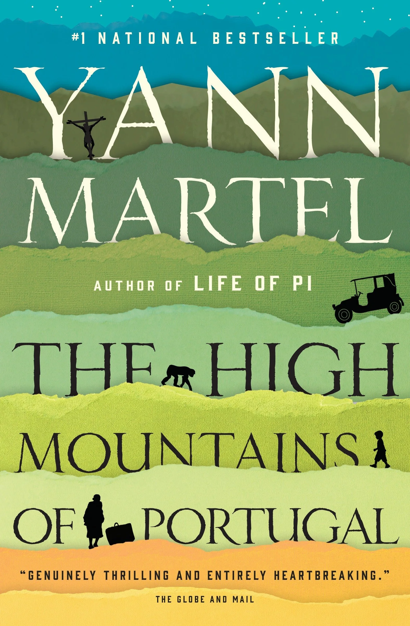Cover of The High Mountains of Portugal by Yann Martel, a novel exploring grief and faith, featuring layered landscape shapes with small silhouetted figures and objects