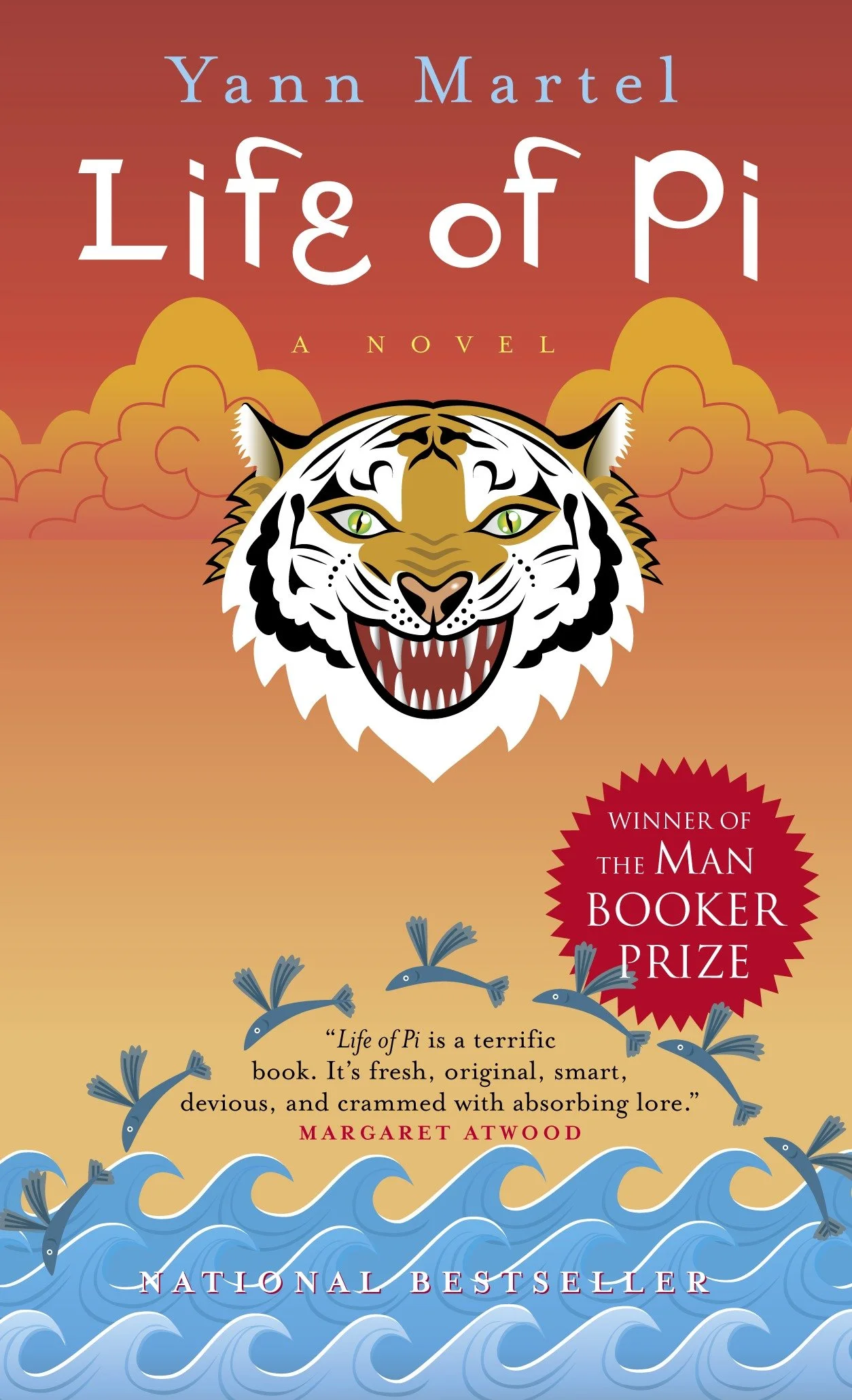 Cover of Life of Pi by Yann Martel, a novel about survival and faith, featuring a stylized tiger above ocean waves