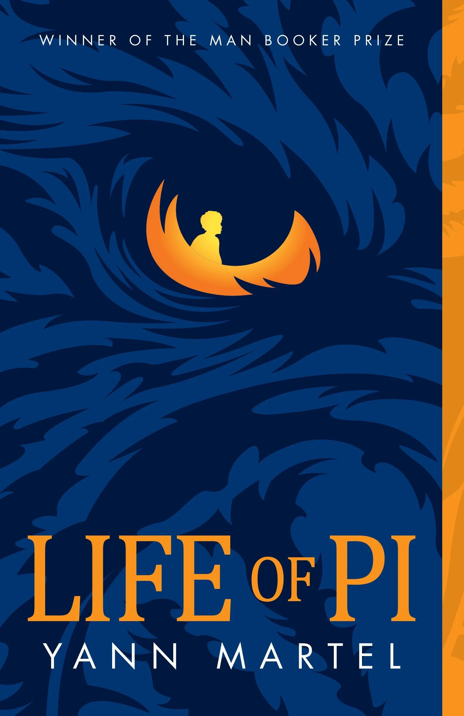 Cover of Life of Pi by Yann Martel, a novel about survival and faith, featuring a stylized blue tiger with a figure on a lifeboat as its eye
