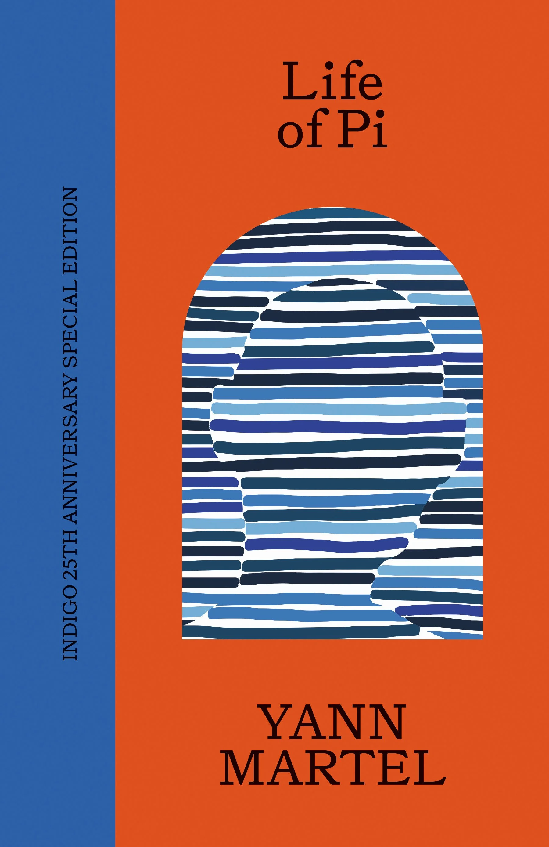 Cover of Life of Pi by Yann Martel, a novel about survival and faith, featuring an abstract striped face silhouette on an Indigo 25th anniversary edition