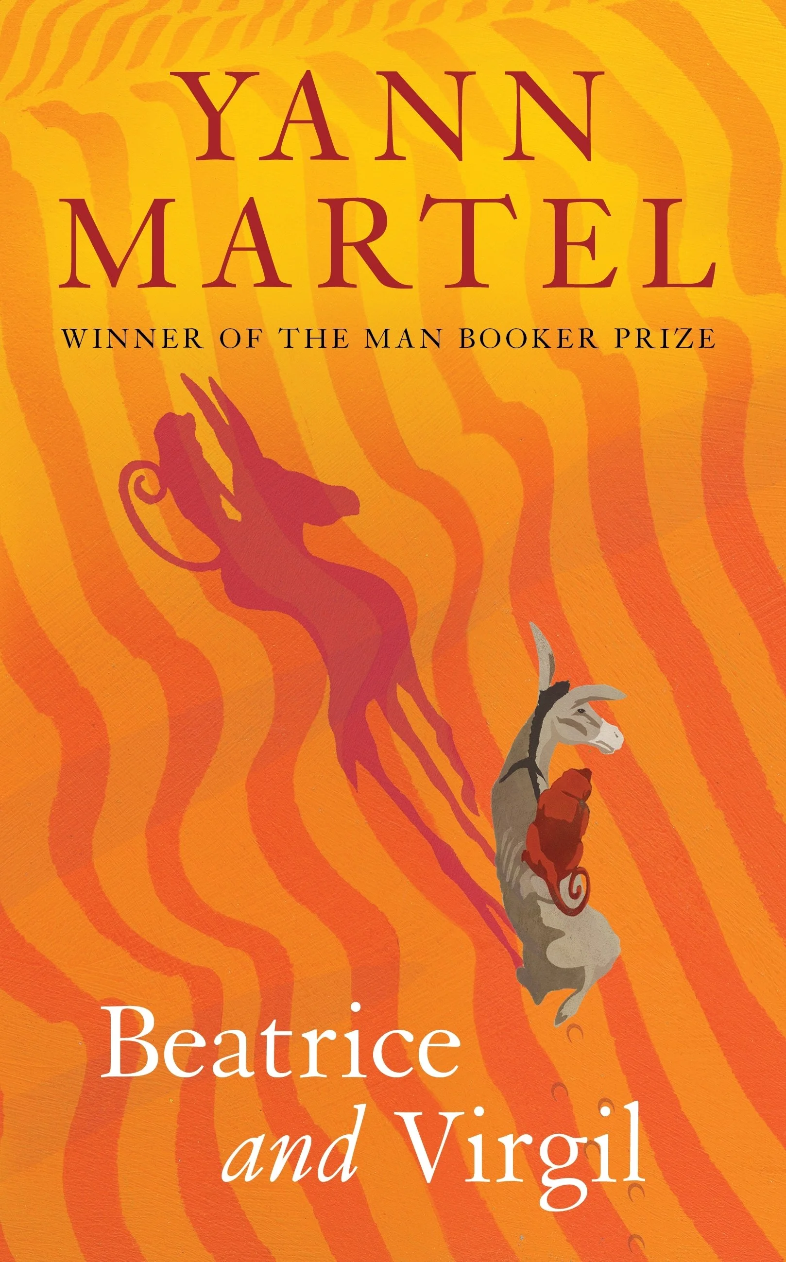 Cover of Beatrice and Virgil by Yann Martel, a novel exploring memory and the Holocaust, featuring illustrated animal figures on an orange patterned background