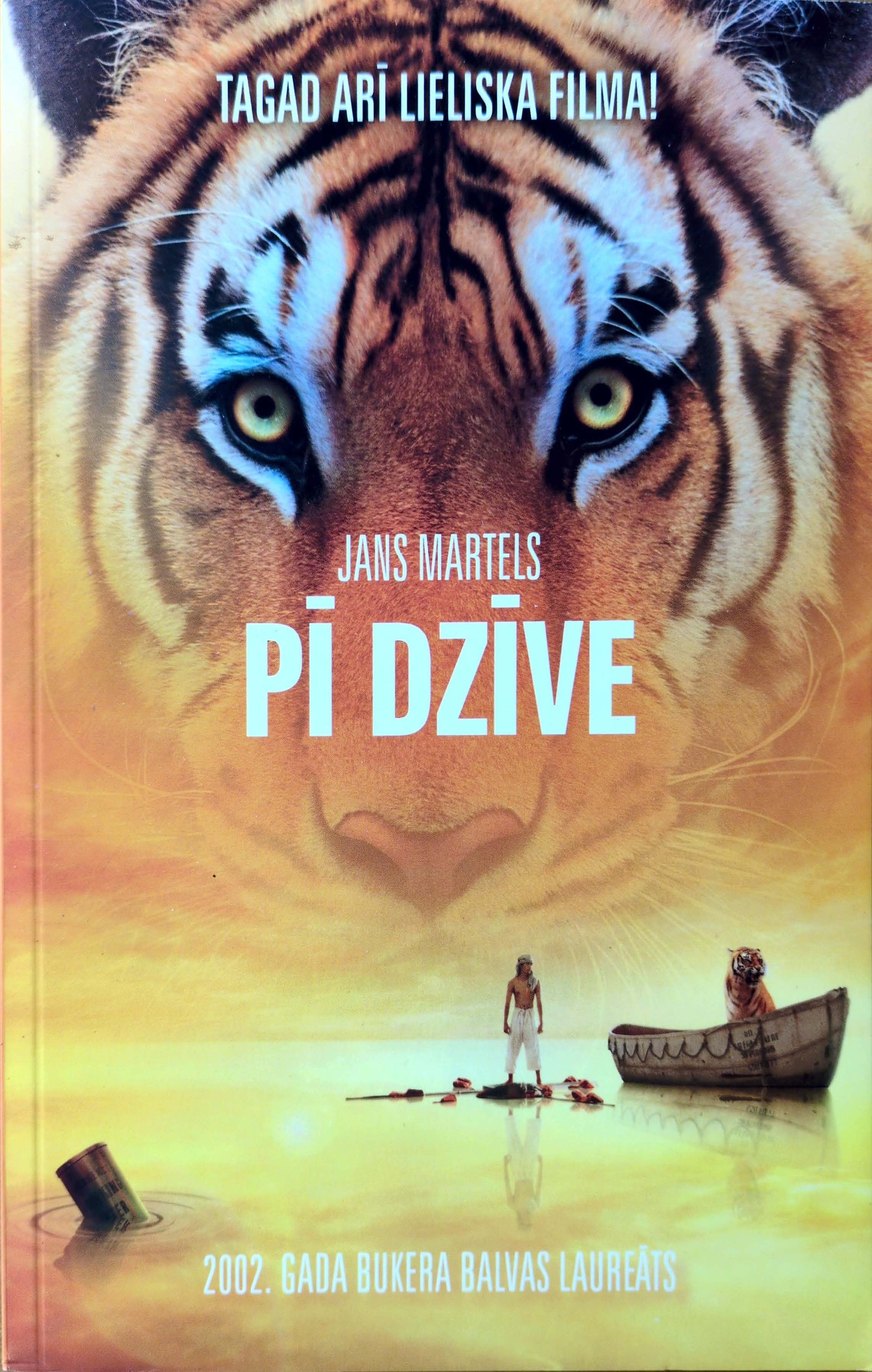 Cover of Life of Pi by Yann Martel, a novel about survival and faith, Latvian edition