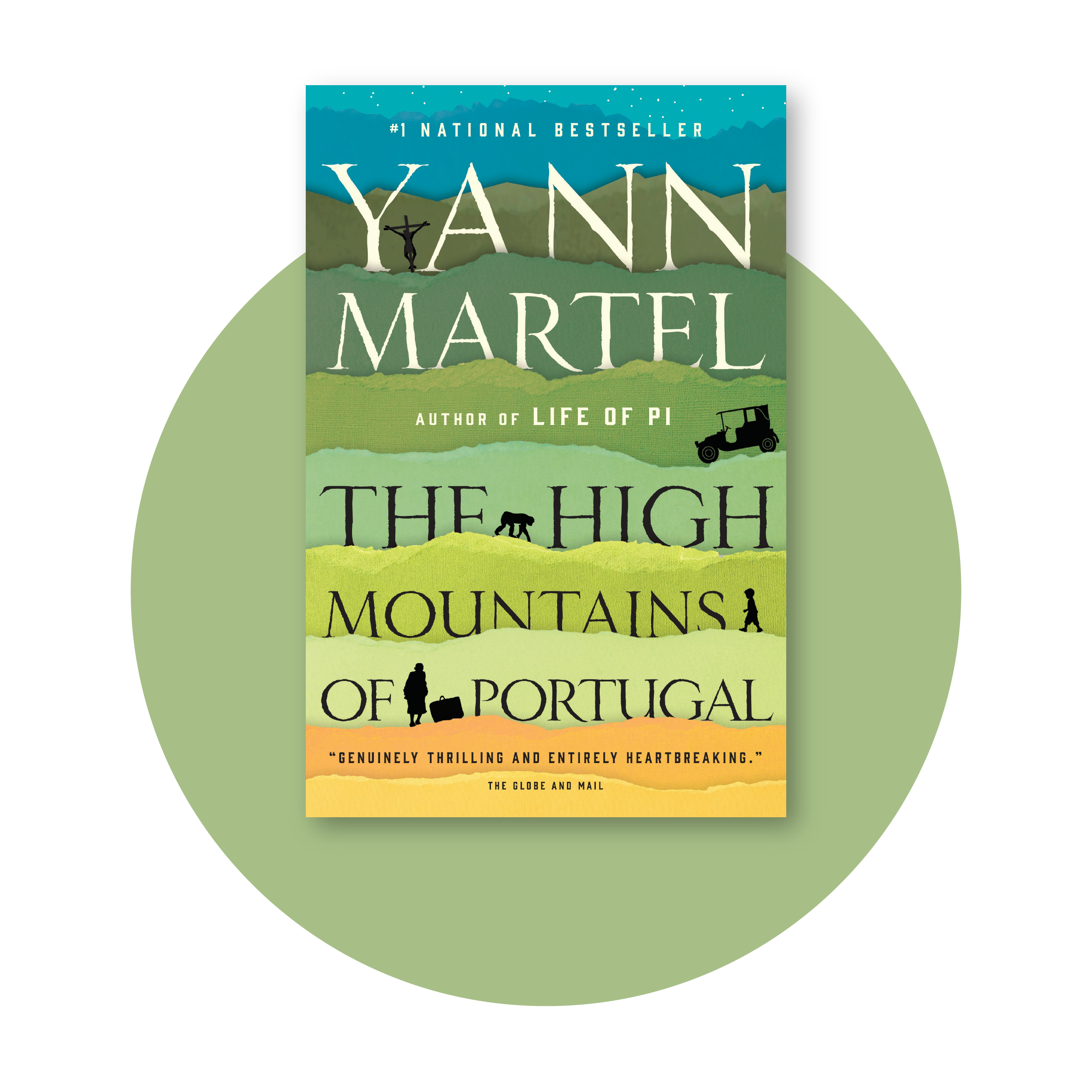 The High Mountains of Portugal by Yann Martel book cover with green circle background
