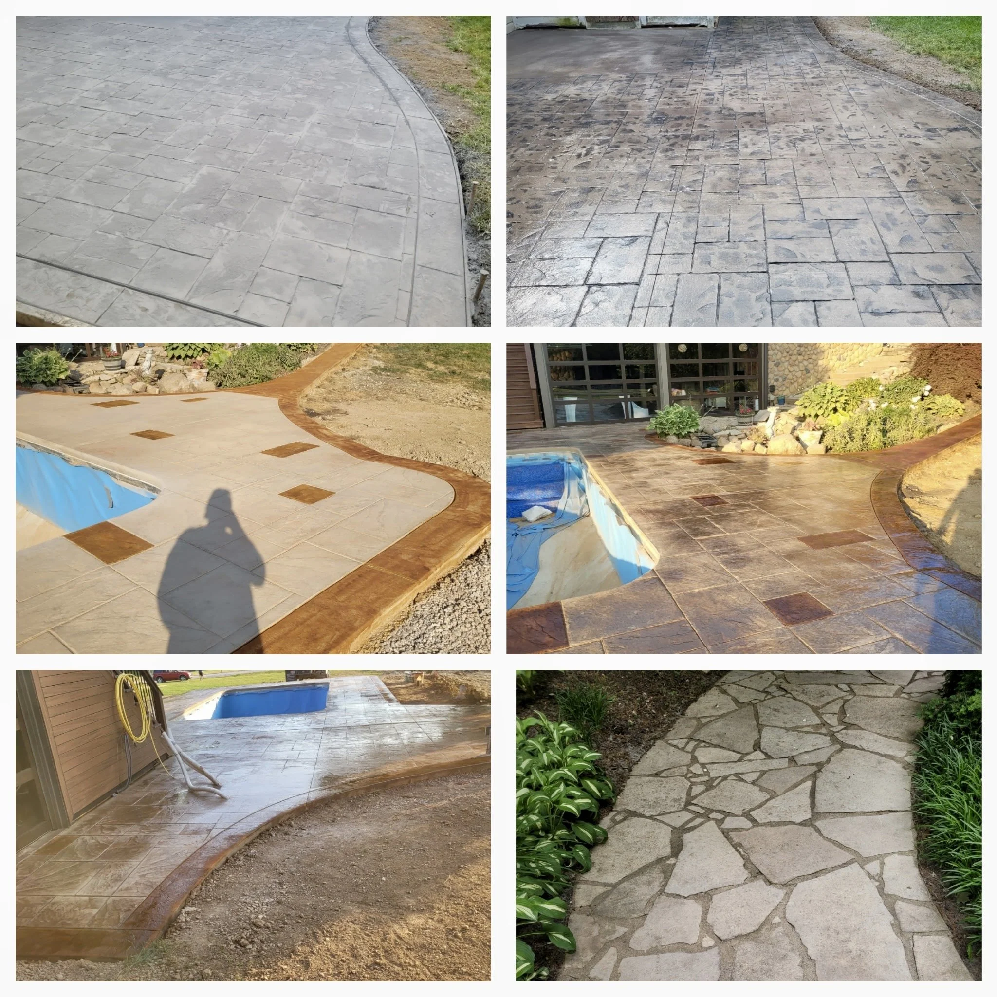 Six images showing various types of outdoor stamped concrete and paved pathways and patios, including a curved concrete sidewalk, stamped concrete with a wood pattern, a poolside stamped concrete with decorative inlays, a large stamped concrete patio