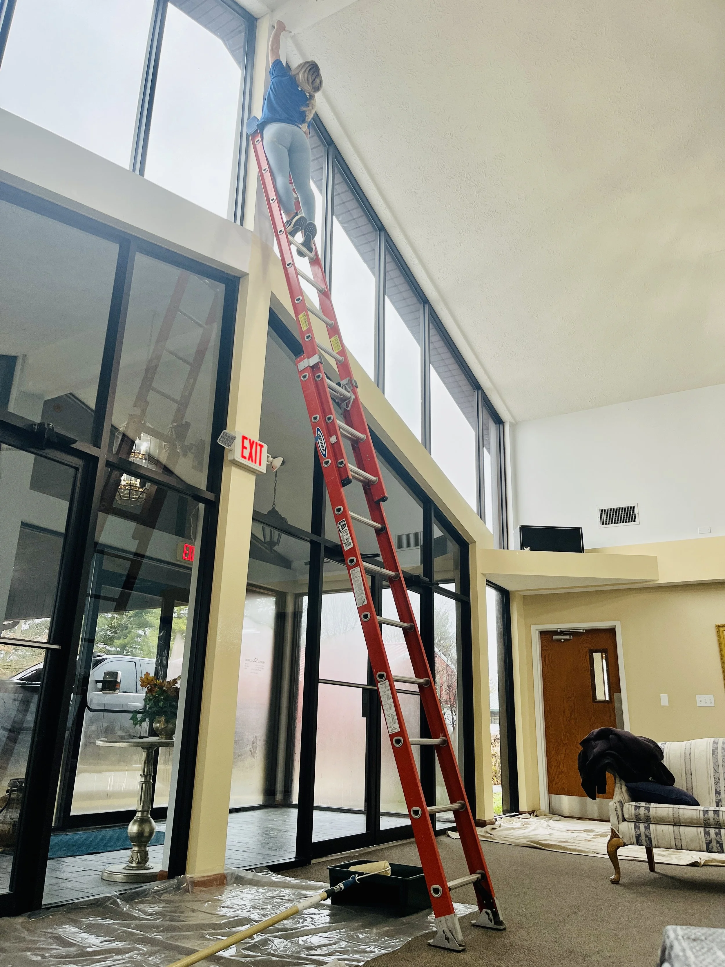 Church foyer vaulted ceilings. Drywall and paint project.