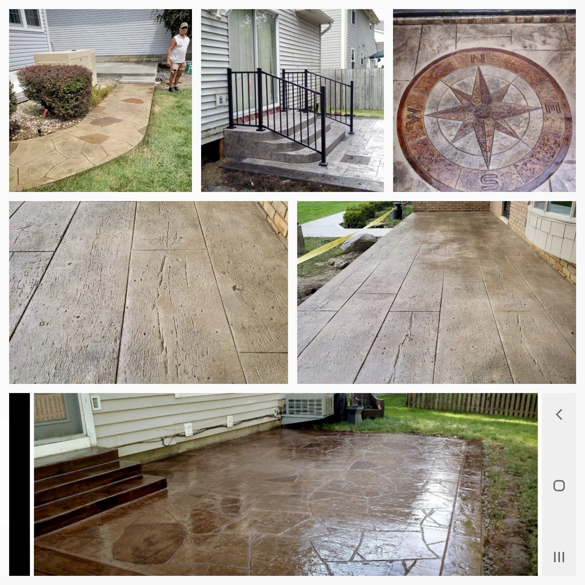 Various types of outdoor concrete and stone patios, including stamped, stained, and textured surfaces, with one featuring a compass rose design, steps, and ergonomic railings.