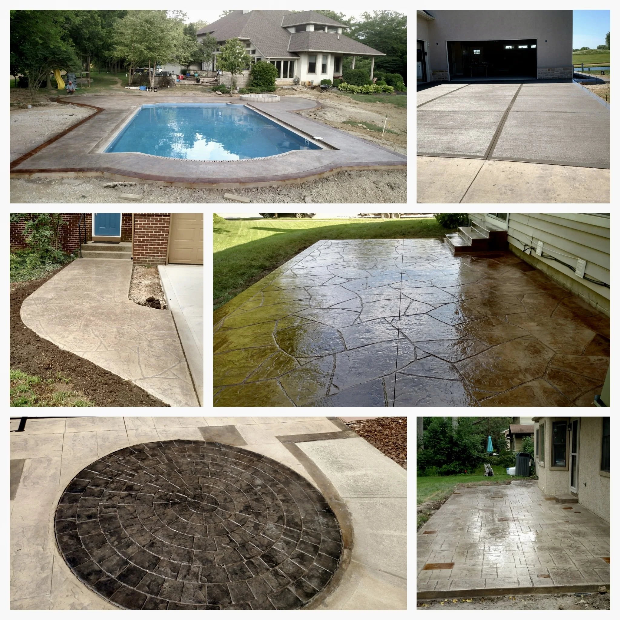 Collection of stamped concrete patios, driveways, and pool deck surfaces in various styles and finishes.