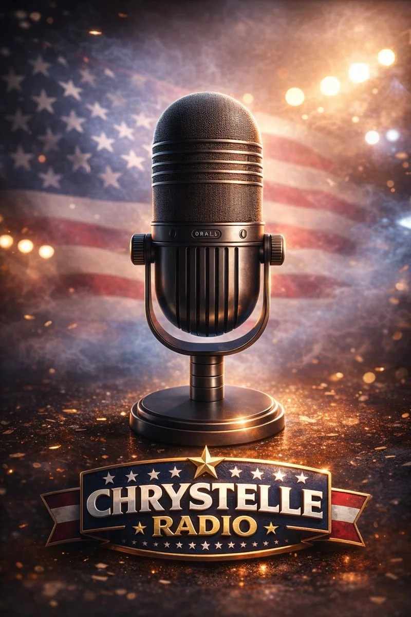 Un microphone noir au centre avec un drapeau américain en arrière-plan et un logo en dessous indiquant "Chrystelle Radio" sur un fond sombre avec des effets lumineux et des points lumineux.