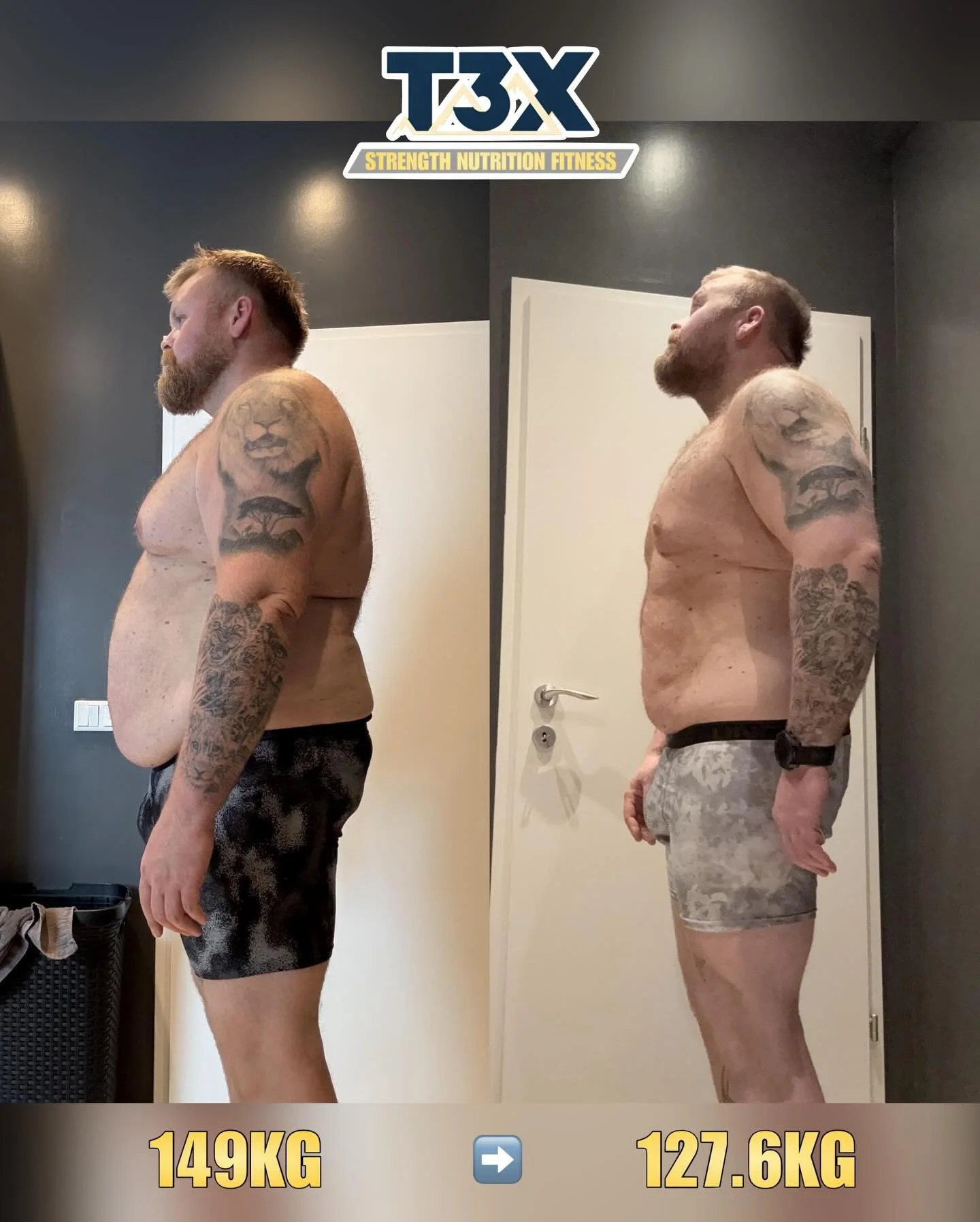 Hann Sigurj&oacute;n kom til m&iacute;n &iacute; &thorn;j&aacute;lfun &iacute; 4 m&aacute;nu&eth;i og &aacute;rangurinn hefur ekki leynt s&eacute;r!
Hann f&oacute;r &uacute;r 149kg ni&eth;ur &iacute; 127.6kg &aacute; &thorn;essum 16 vikum e&eth;a -21