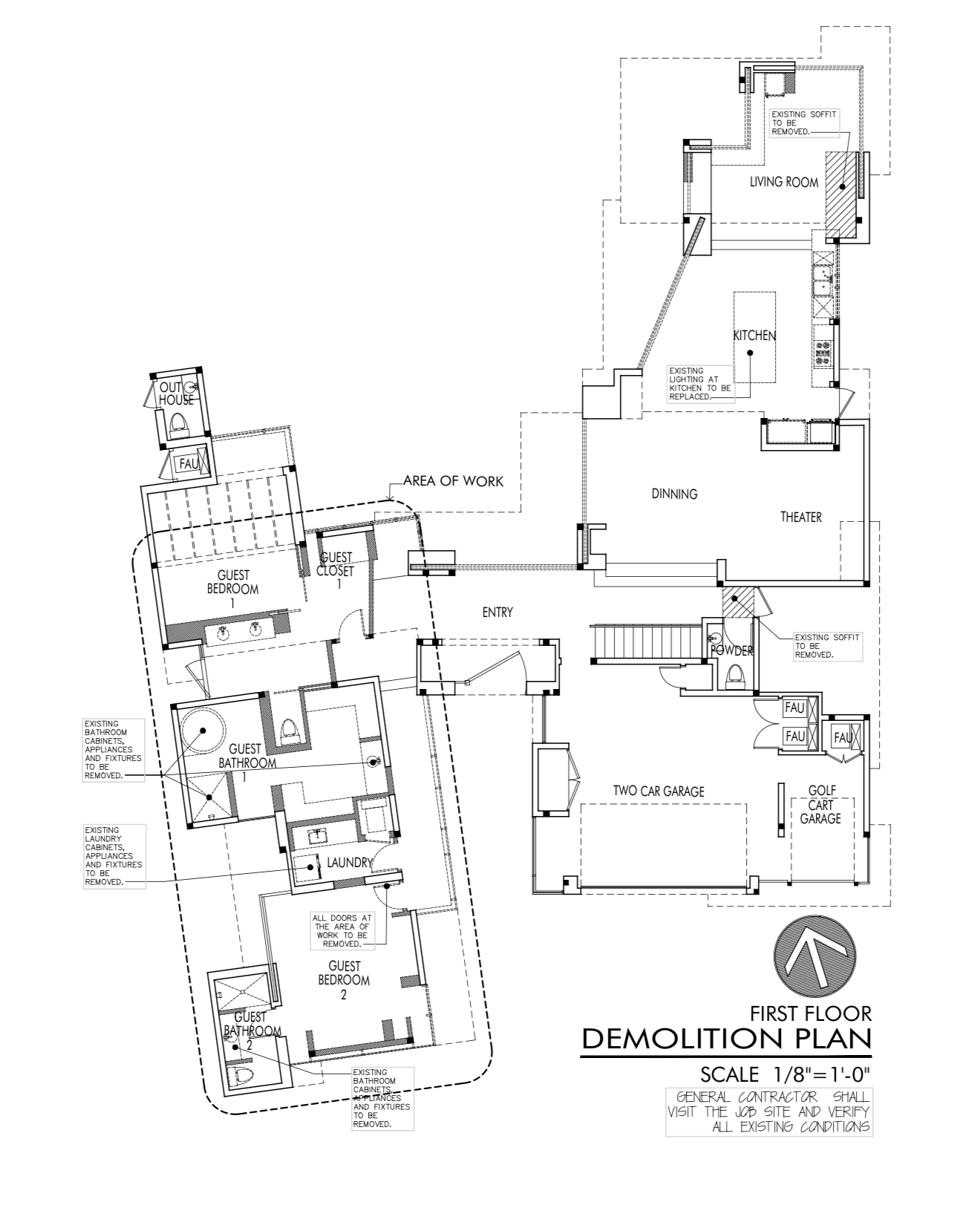 First floor demolition plan of a house showing the layout of rooms, including a guest bedroom, guest bathroom, laundry, two-car garage, kitchen, living room, dining area, theater, and areas marked for demolition, with labels and notes regarding fixtures and existing structures.