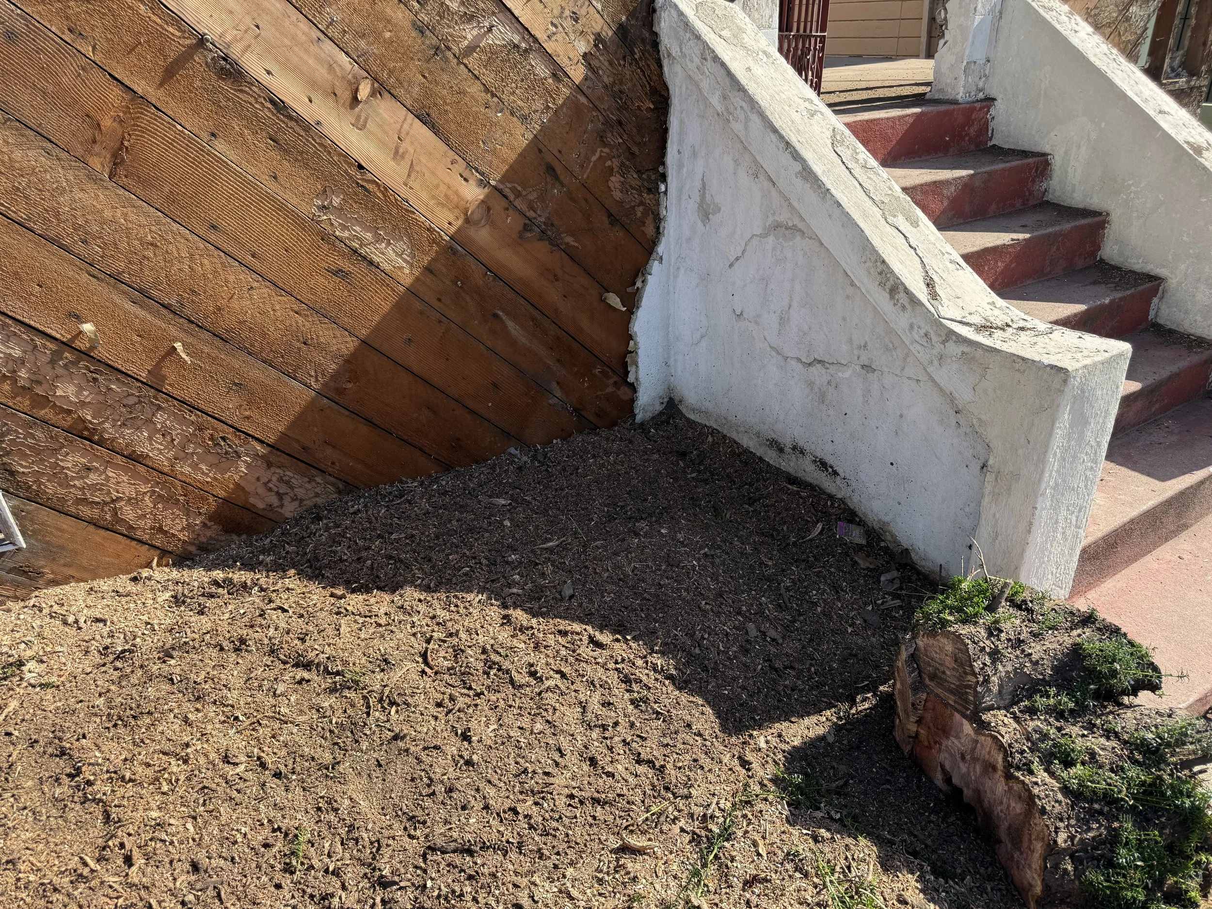 A corner of a yard with a dirt ground, a wooden fence, a concrete staircase with red steps, and a white stucco wall with cracks.