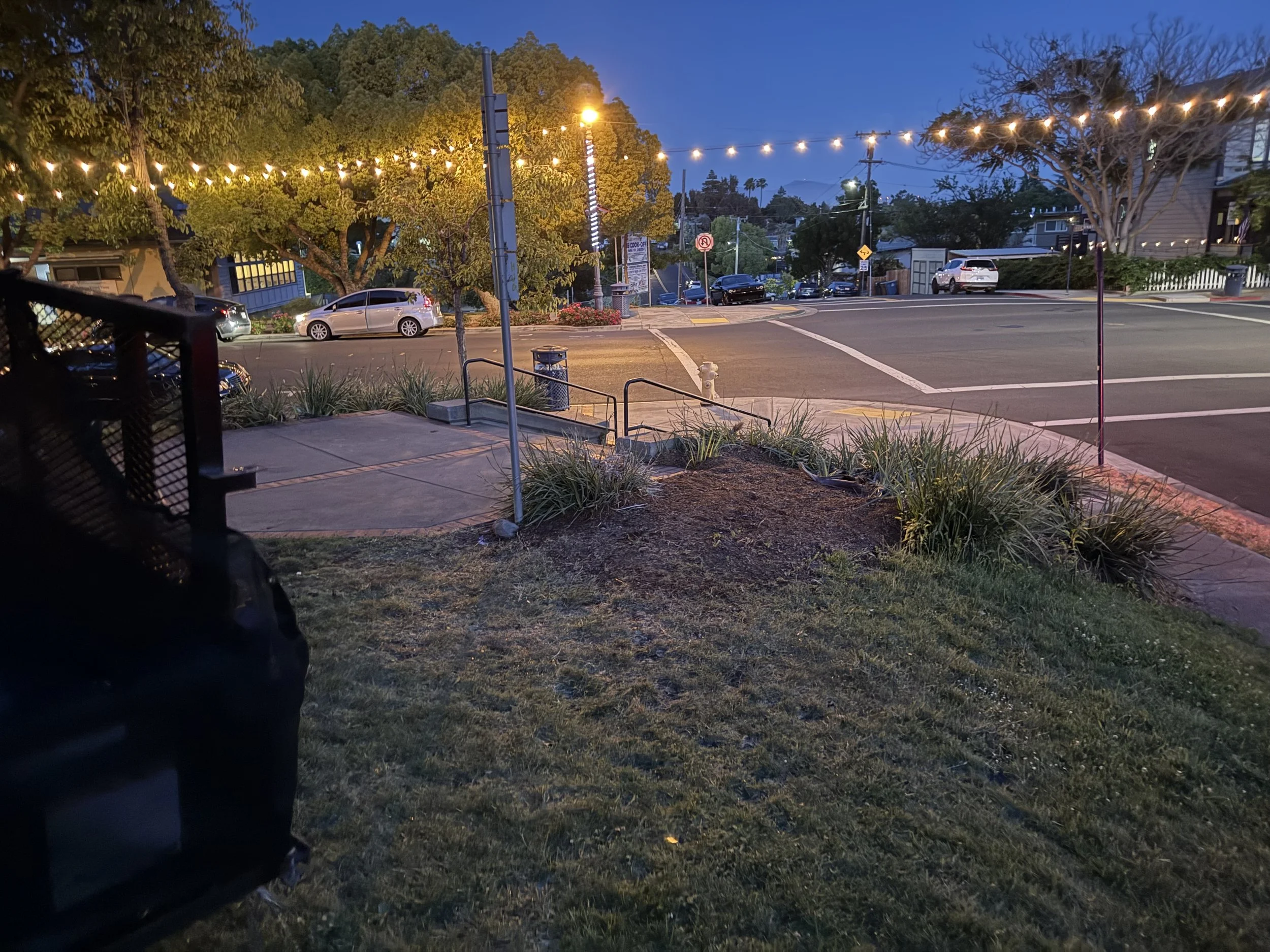 Street view during dusk with streetlights, cars parked along the street, trees, and outdoor string lights hanging across the area.