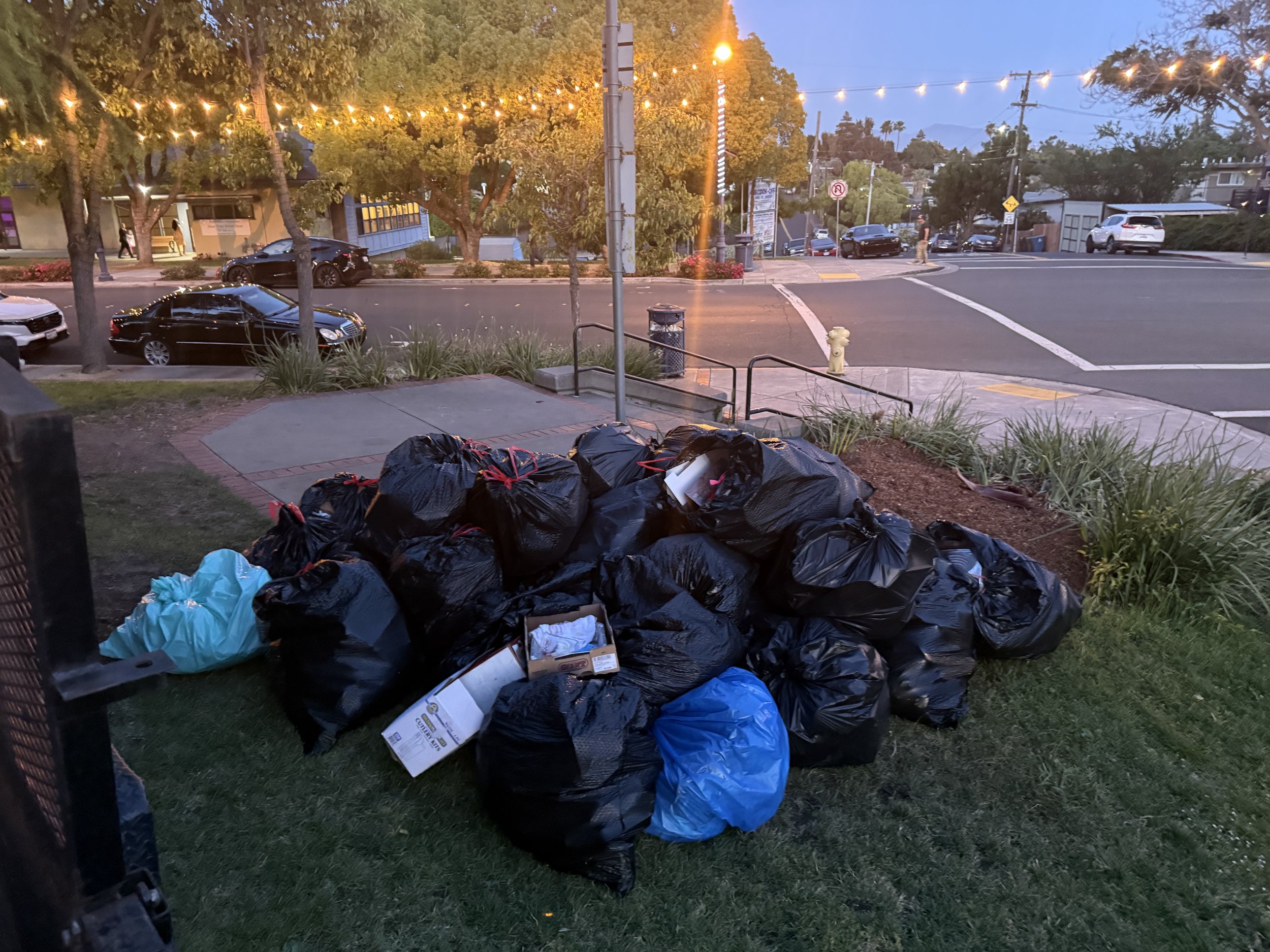 A pile of black trash bags on a grassy area with a cardboard box and some paper near the bags. In the background, there are cars parked along a street, trees, and buildings with string lights hanging overhead, as the sun sets.