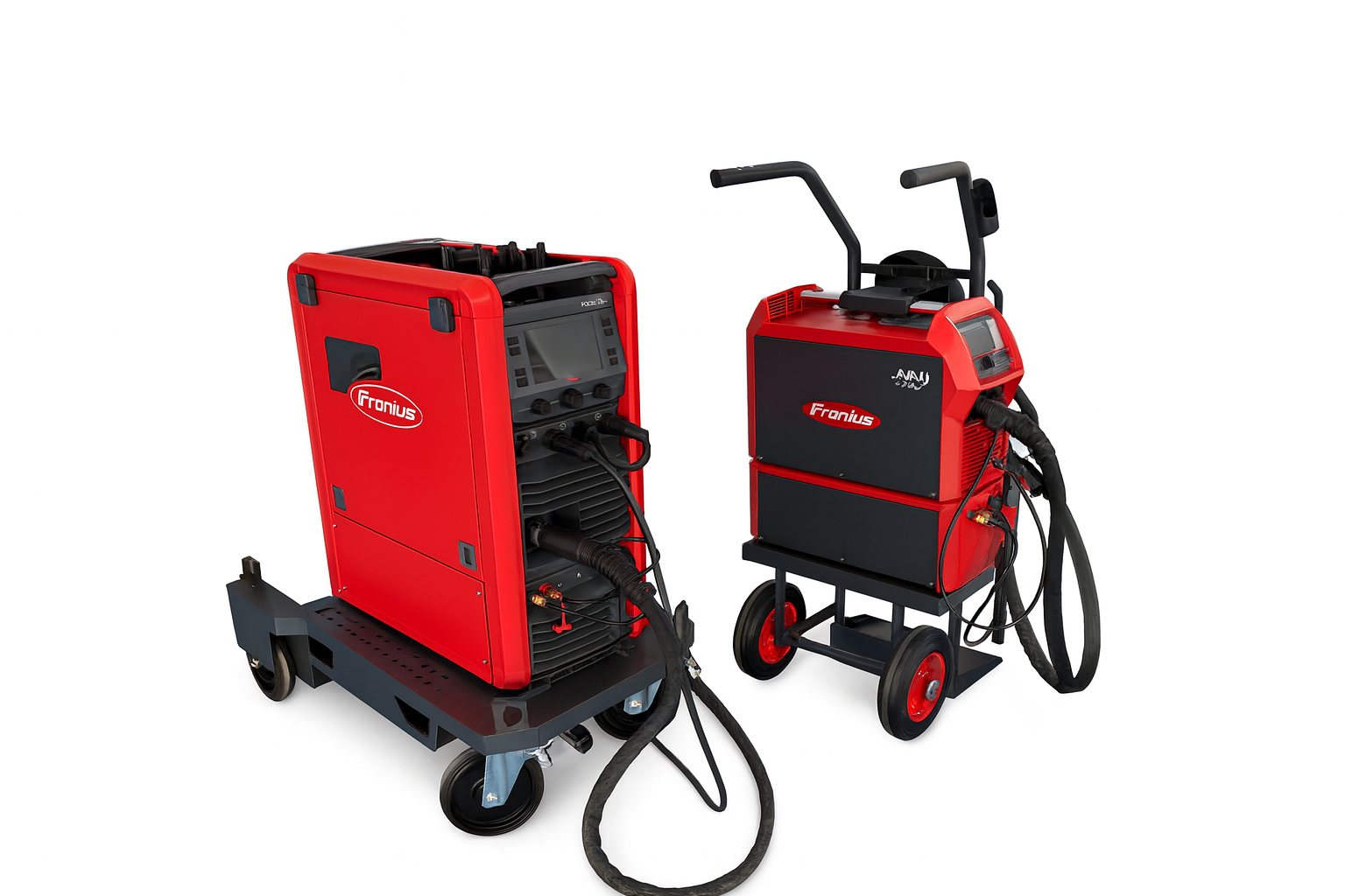 Attrezzature per saldatura Fronius di colore rosso con schermo e cavi collegati