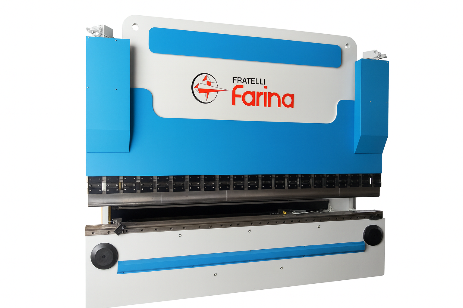 Pressa piegatrice industriale blu e bianca con il logo 'FRATELLI FARINA' .